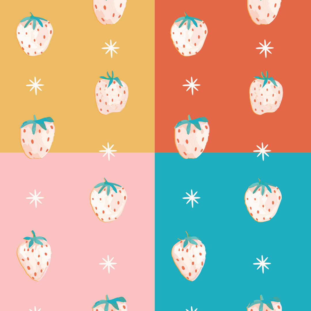 image shows white strawberries against a checked background in mustard, red, pink and teal.