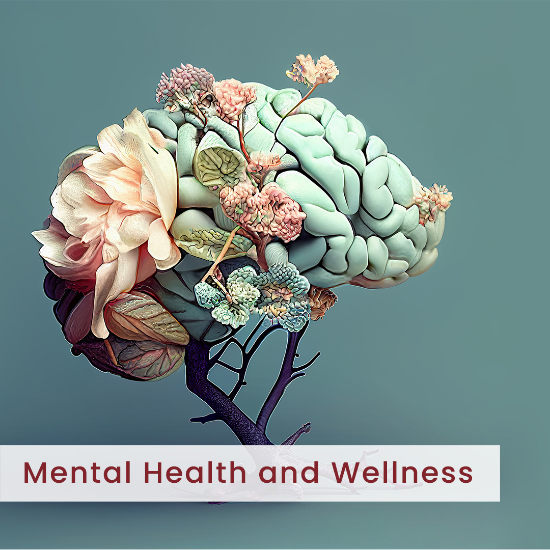 image shows a brain made of flowers to depict mental health and wellness.