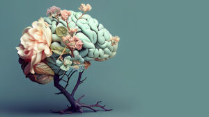 image shows a brain made of flowers to depict mental health and wellness.