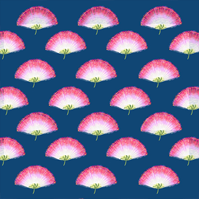 pink and navy floral pattern with mimosas tilted on a navy background.