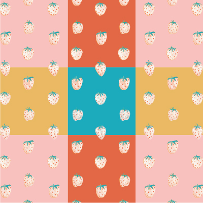 image shows a repeat pattern with a red background and white strawberries with strawberry blossoms. Collection by Alesha Sevy