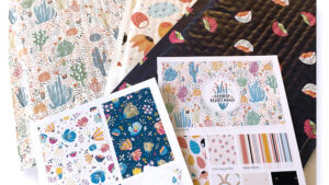 image shows three envelopes with cactus patterns and blossom patterns for surface pattern design pitches.