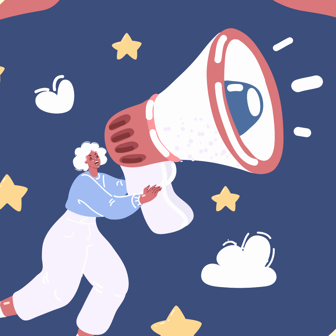 image shows an illustration of a feminine presenting person holding a megaphone that is huge to demonstrate the art of design pitching.