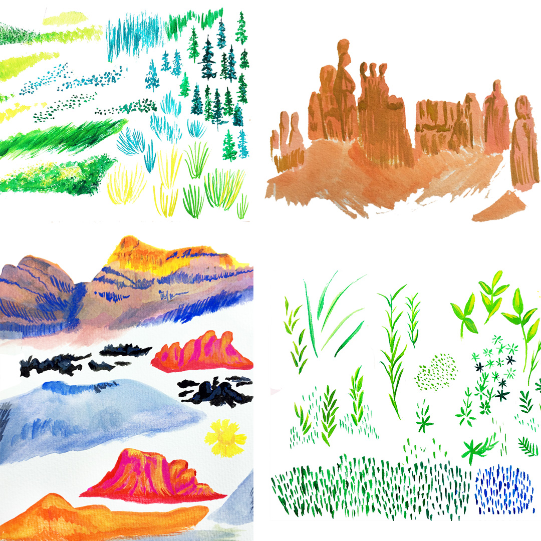 image of watercolor mountain and flower elements for a utility box artwork project.