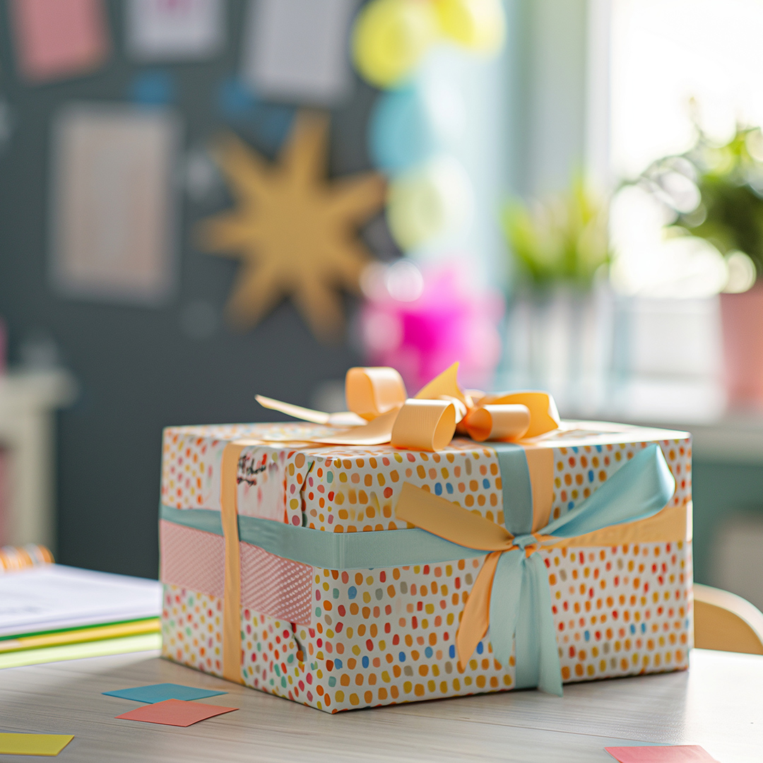 image of a gift wrapped box with pretty ribbons.