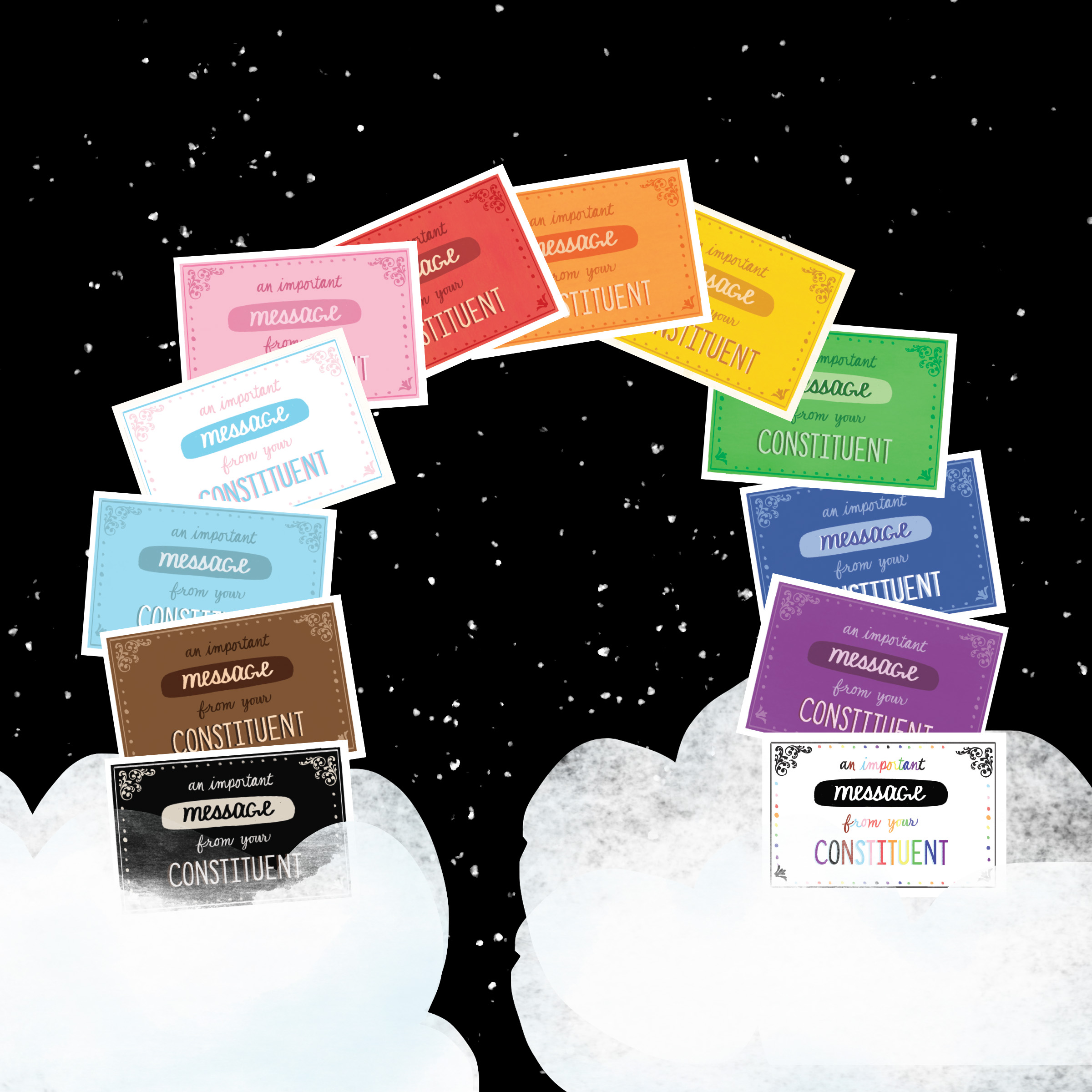 Image shows 12 postcards with the message "an important message from your constituent" designed for writing letters to your senators, writing post cards to your senators and elected officials.