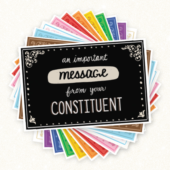 Image shows 12 postcards with the message "an important message from your constituent" designed for writing letters to your senators, writing post cards to your senators and elected officials. This is a color way of making your voice heard. 