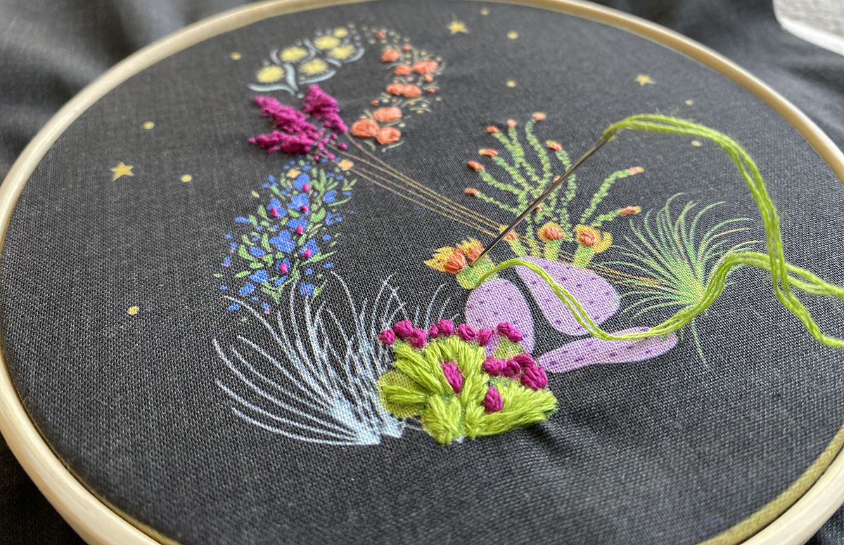 Pretty embroidery pattern for beginners who are developing an art practice, featuring floral embroidery elements in the shape of an ampersand.