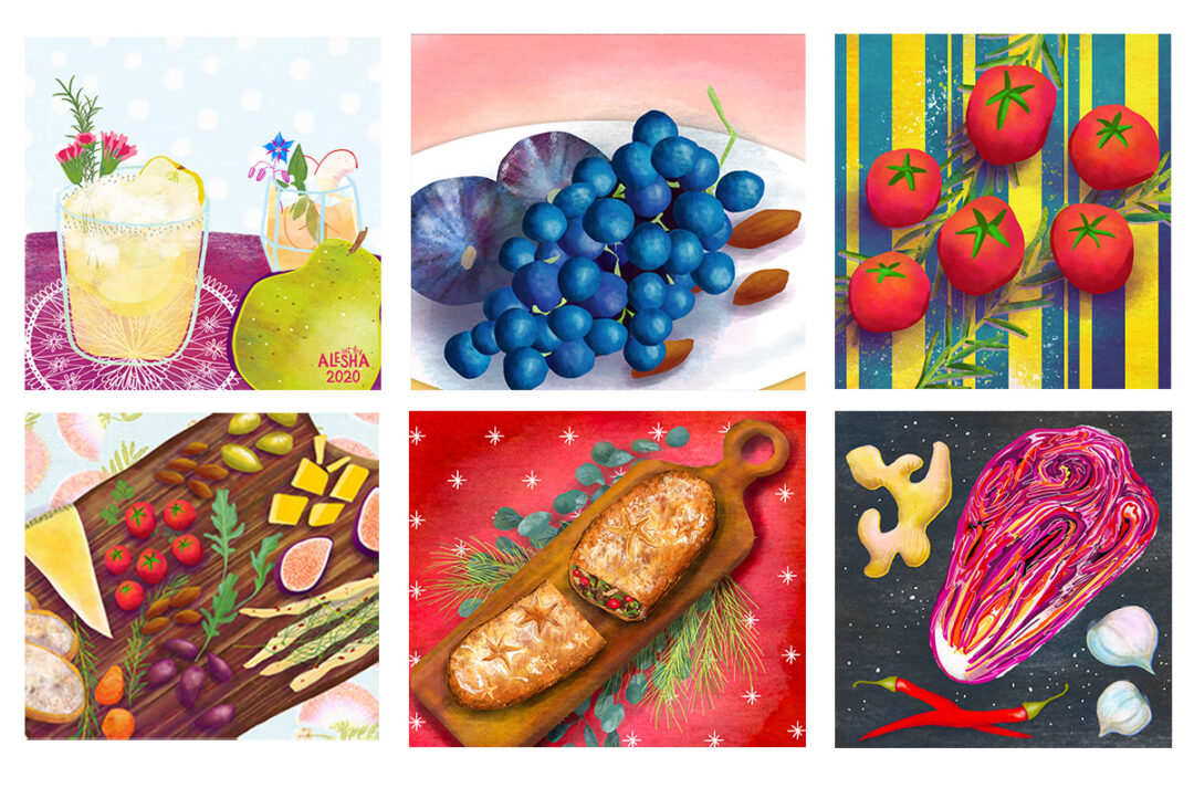 Food illustrations and editorial illustrations by Alesha Sevy.