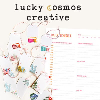 image shows a scatter of printable holiday hang tags, and a printable daily planner sheet.